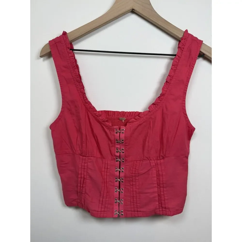 Free People Amelia Pink Corset Top Blouse Large Boho Beach Lagenlook Summer Crop